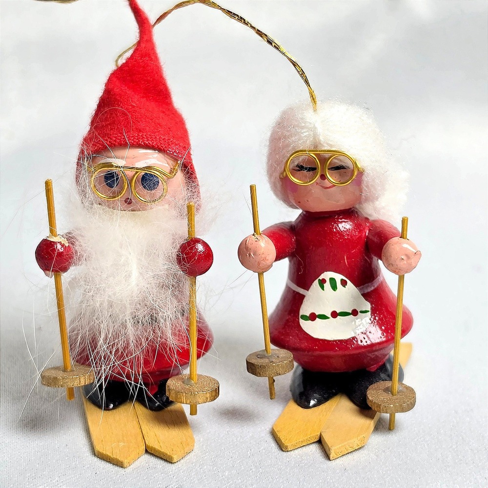 Vintage 1970s-80s Wooden Skiing Santa and Mrs Claus Christmas Ornaments Set of 2
